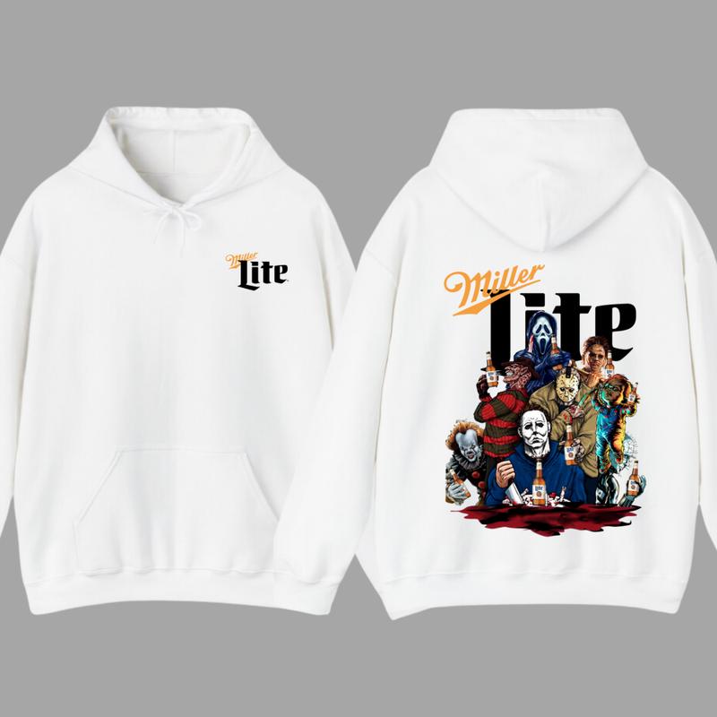 Miller Lite Halloween T-shirt - Iconic Villains Drinking Together Back Print , Perfect for Halloween and Horror Fans , Comfortable Unisex Tee