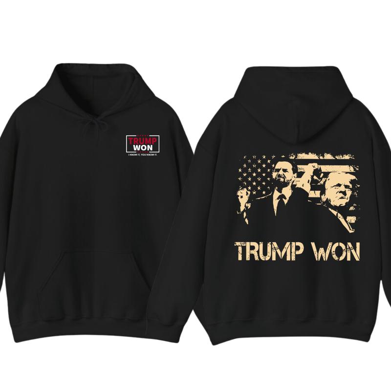 Trummp Won Hoodie - Trendy with Bold Distressed Graphic of Trummp and American Flag, Unisex Political Apparel for Supporters