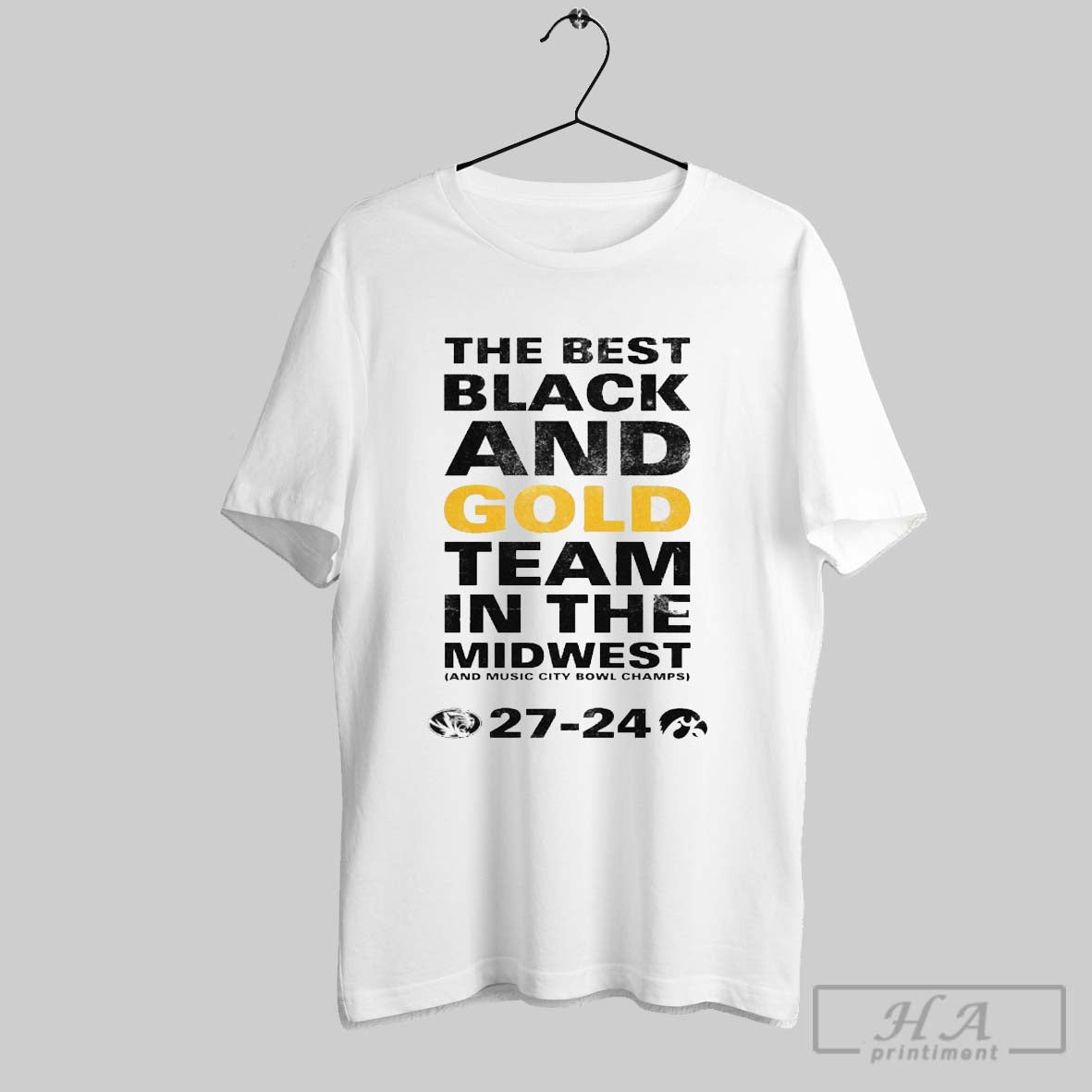 Official Missouri Tigers Vs Iowa Hawkeyes 27 24 Score The Best Black And Gold Team In The Midwest And Music City Bowl Football Champs T Shirt