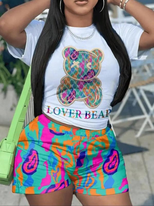 Women's Cartoon Bear Graphic Print Round Neck Tee, Fashion Casual Short Sleeve T-Shirt for Summer, Graphic Tees,Â Women's Top for Daily Wear