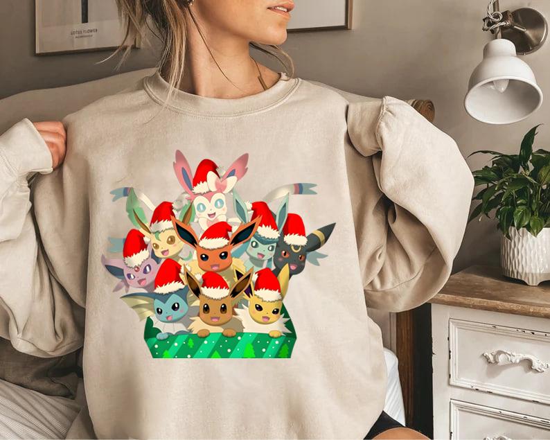 Eevee Evolutions Christmas Sweatshirt Hoodie, Pokemon Christmas Sweater, Eevee Xmas Sweater, Sylveon, umbreon, Espeon, Flareon Anime, Anime Sweatshirt