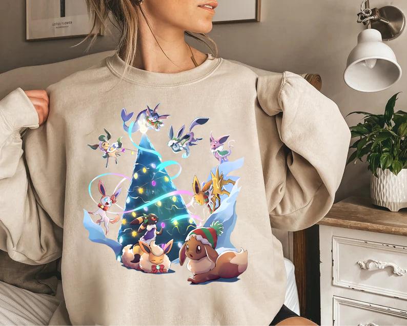 Eevee Evolutions Christmas Sweatshirt, Eevee Xmas Sweater, Sylveon, umbreon, Espeon, Flareon Anime, Anime Sweatshirt, Christmas Eevee Shirt