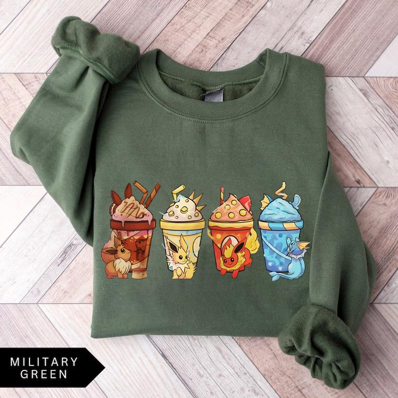 Eevee Eeveelution Tee, Coffee Sweatshirt Hoodie Graphic T-shirt, Slyveon, umbreon, Espeon, Flareon Anime, Anime Sweatshirt, Pokemon Silhouette Sweatsh