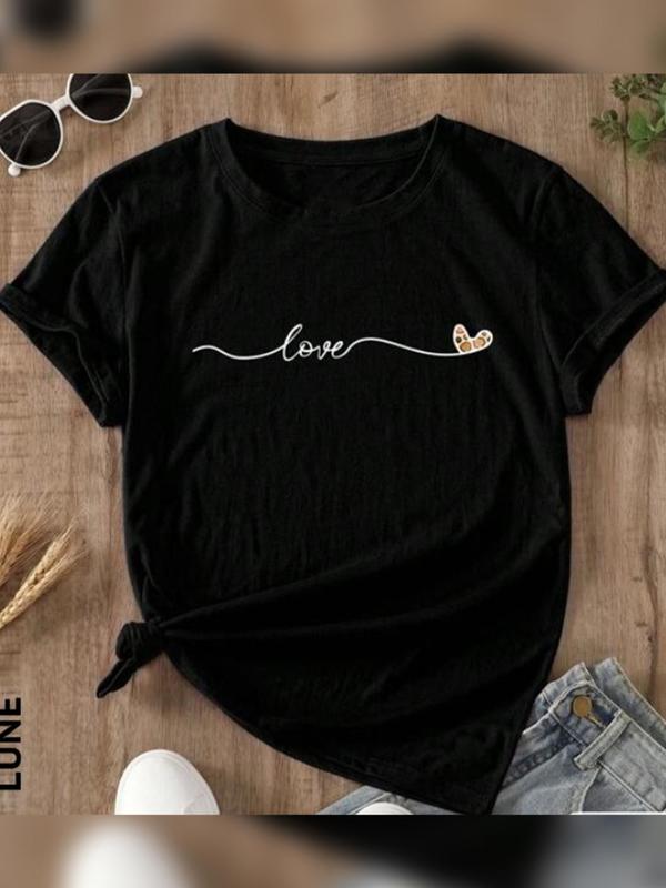 Women's Letter & Heart Print Short Sleeve Tee, Graphic Tees, Casual Round Neck Graphic T-shirt, Summer Clothes Women, Women's 2024 Trendy Top for Dail