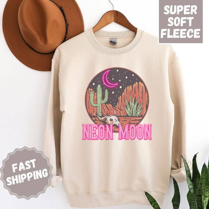 Neon Moon Crewneck Sweatshirt, Womenswear Soft Printed Sweatshirt, Country Music Cozy Oversized Fleece Long Sleeve