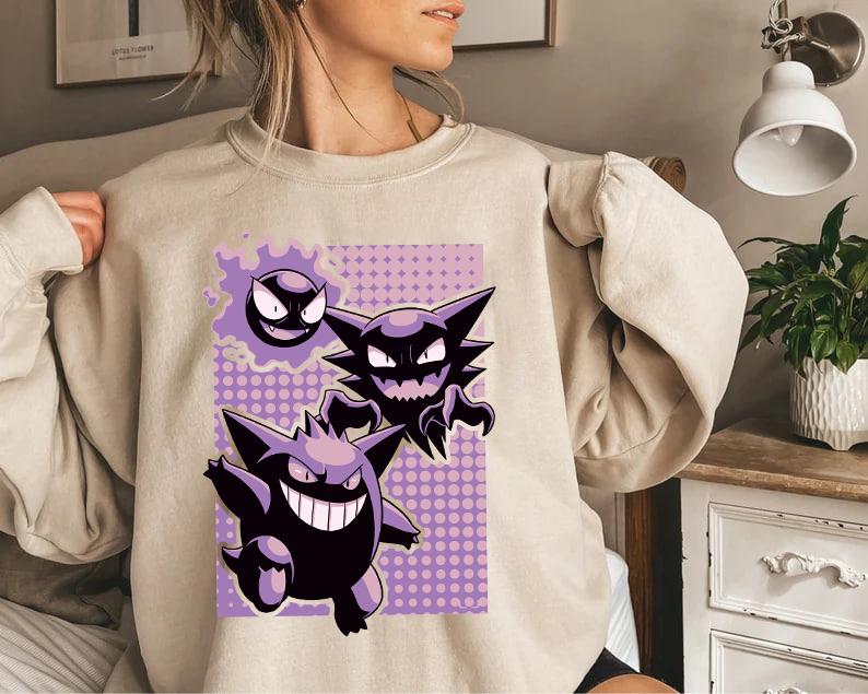 Pokemon Shirt, Gengar Sweatshirt, Monster Ghost Shirt, Kaiju Themed Shirts, Gengar Gift Japanese Anime Shirt, Dark Ghost Kaiju Japanese Style SWEATSHI