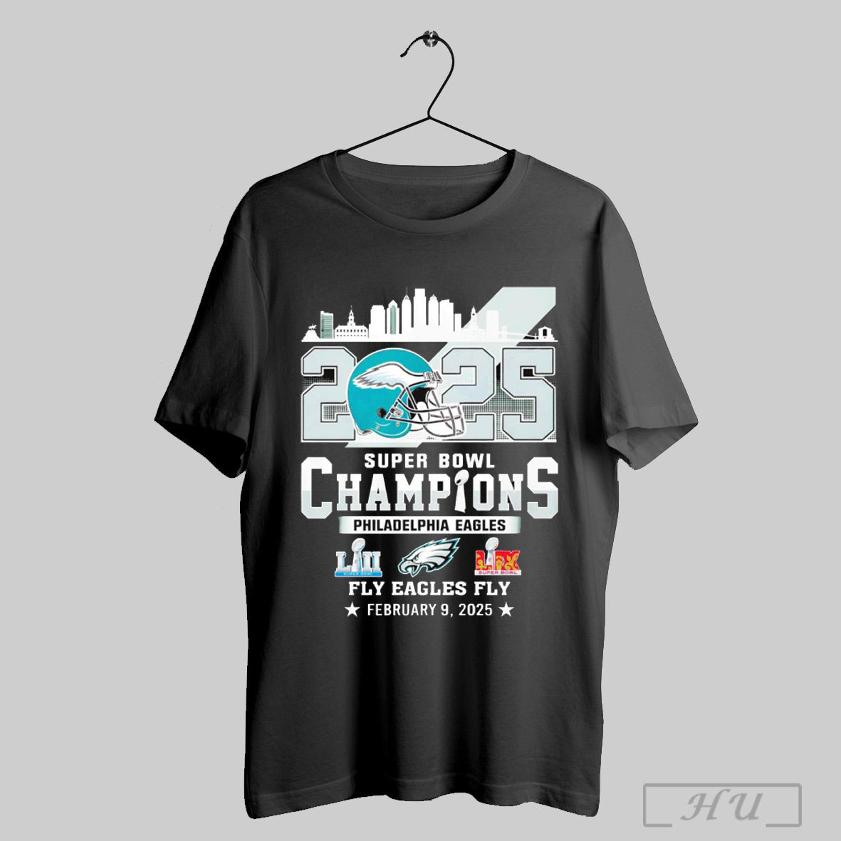 Trendy Fly Eagles Fly Philadelphia Eagles Skyline 2025 Super Bowl Lix Champions Helmet T Shirt