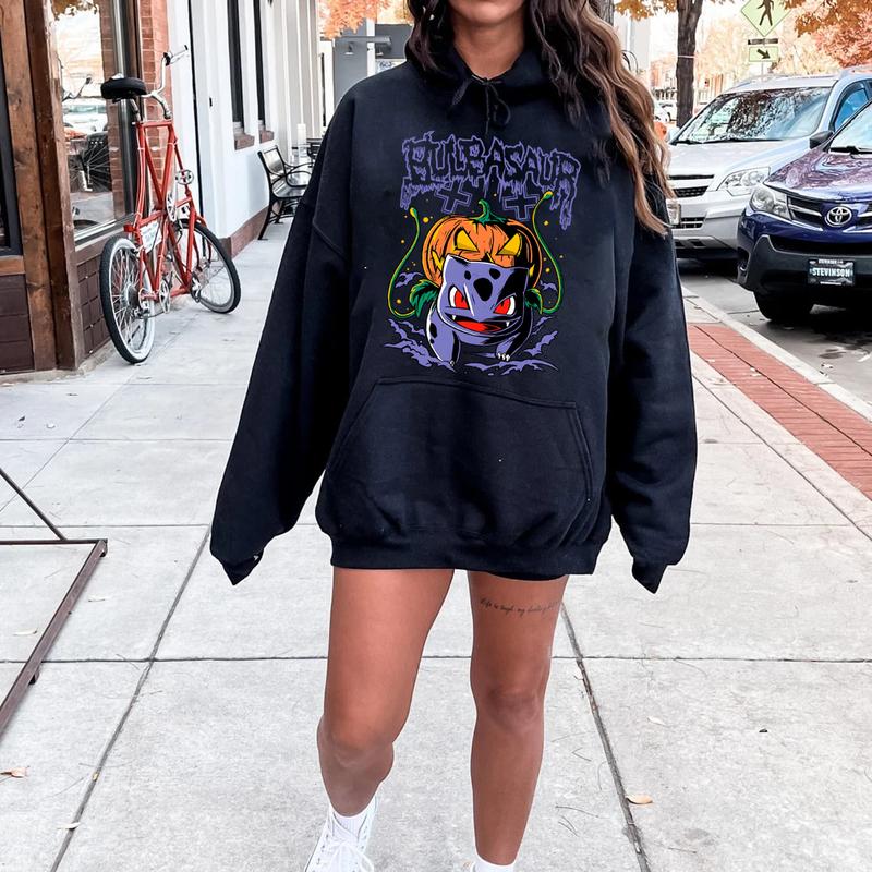 Bulbasaur Pumpkin Sweatshirt, Pokemon Pumpkin Sweatshirt, Halloween Sweatshirt, Spooky Pumpkin Monster Sweatshirt, Gengar Japan Anime Sweatshirt, Poke