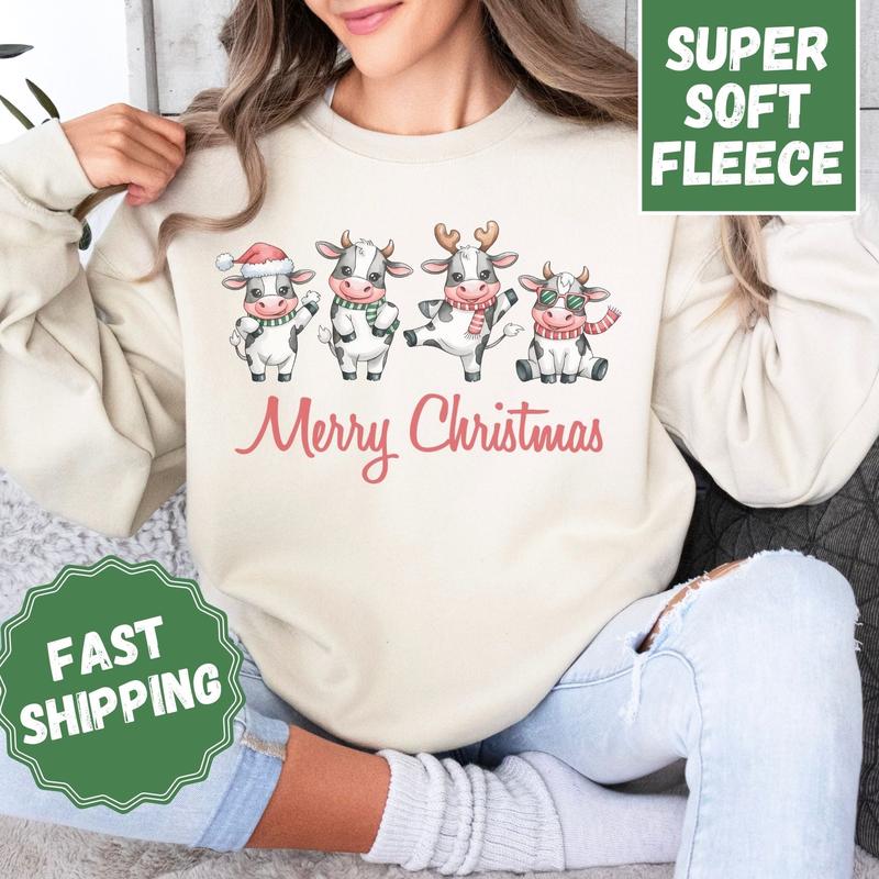 Merry Christmas Cows Crewneck Sweatshirt, Womenswear Christmas Soft Printed Sweatshirt, Cozy Holiday Oversized Top