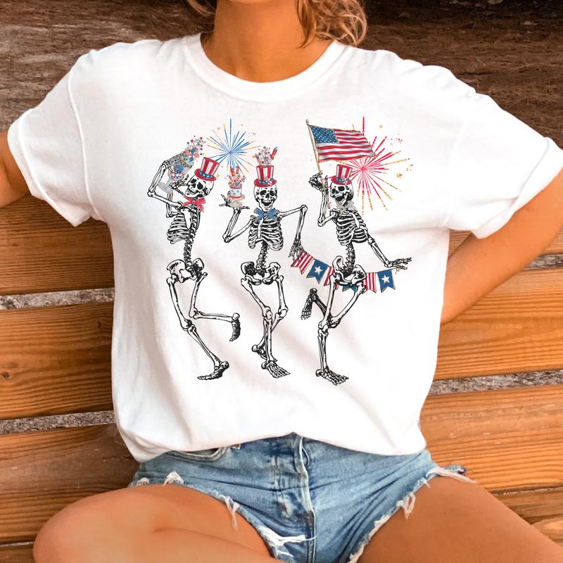 USA 4th of July Skull Tshirts Merica Skull Patriotic Tees Born Free Skeleton Rocker Tops USA Merica Skeleton T-Shirts Mullet USA Skull Tee Holiday Ind