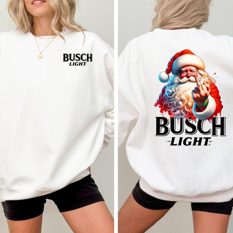 Busch Light, Santa Middle Finger Funny Red Santa Christmas 2 Sided Sweatshirt, Christmas Sweatshirt with beer, Perfect for outings and holidays, Unise