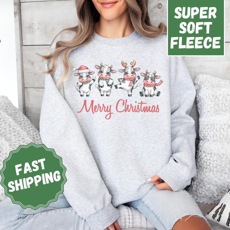 Merry Christmas Cows Crewneck Sweatshirt, Womenswear Christmas Soft Printed Sweatshirt, Cozy Holiday Oversized Top