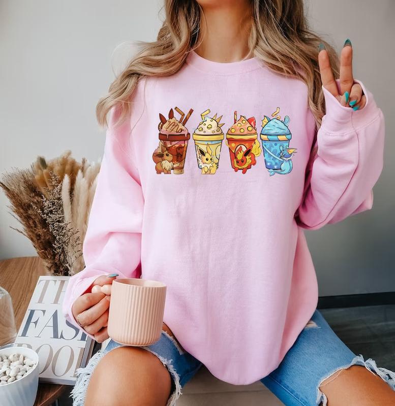 Eevee Eeveelution Tee, Coffee Sweatshirt Hoodie Graphic T-shirt, Slyveon, umbreon, Espeon, Flareon Anime, Anime Sweatshirt, Pokemon Silhouette Sweatsh
