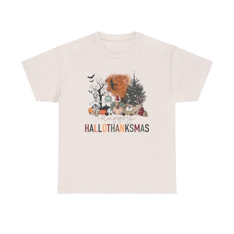 Happy Hallothanksmas Unisex Heavy Cotton Tee - Halloween - Thanksgiving - Christmas - Holiday Shirt - Pumpkin - Ghost - Christmas Tree - Snow - Turkey