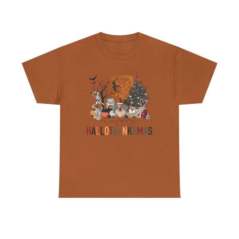 Happy Hallothanksmas Unisex Heavy Cotton Tee - Halloween - Thanksgiving - Christmas - Holiday Shirt - Pumpkin - Ghost - Christmas Tree - Snow - Turkey