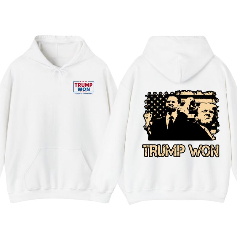 Trummp Won Hoodie - Trendy with Bold Distressed Graphic of Trummp and American Flag, Unisex Political Apparel for Supporters