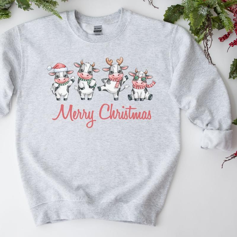 Merry Christmas Cows Crewneck Sweatshirt, Womenswear Christmas Soft Printed Sweatshirt, Cozy Holiday Oversized Top