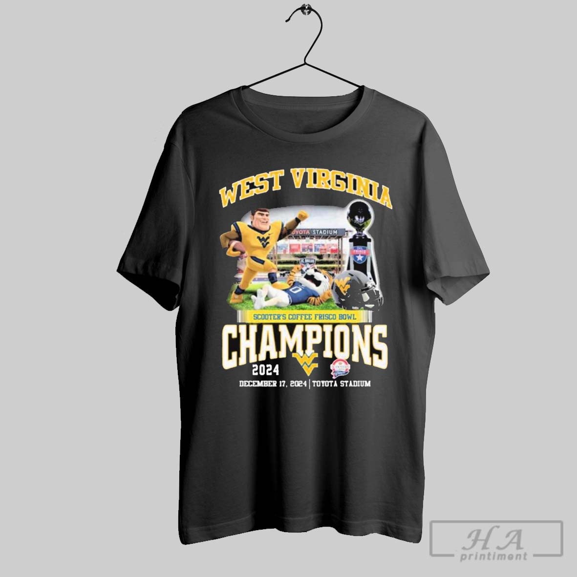 West Virginia Mountaineers Scooters Coffee Frisco Bowl Champions Dec 17 2024 Toyota Stadium T Shirt