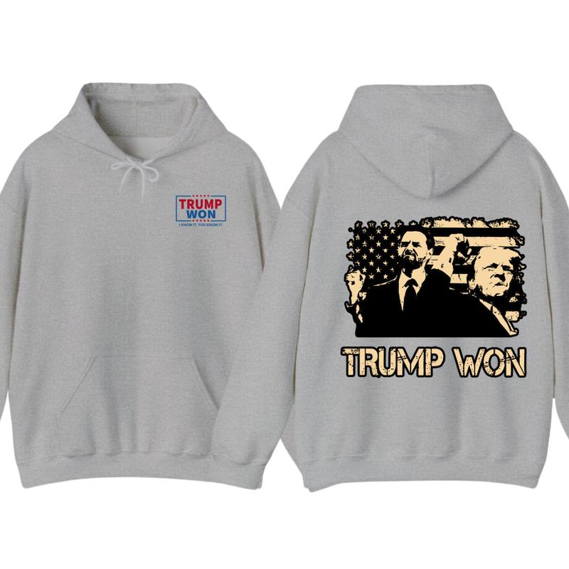 Trummp Won Hoodie - Trendy with Bold Distressed Graphic of Trummp and American Flag, Unisex Political Apparel for Supporters