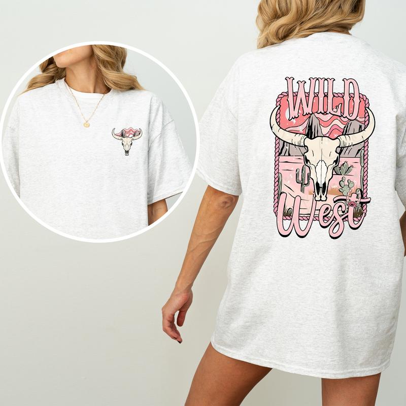 Vintage Bull Skull Wild West Graphic 2-Sided Shirt, Country Cowgirl Tshirt, Western Rodeo Cowboy T-shirt, Cotton Fabric Women's Top, Casual Womenswear