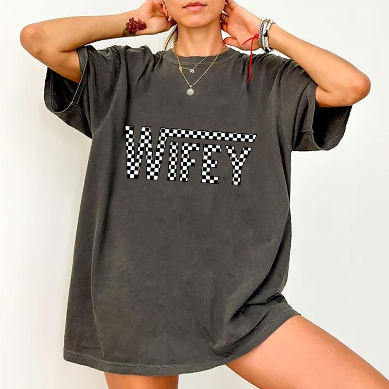 Wifey Shirt, Checkered Wife T-shirt, Spoiled Wife Graphic Printed Tee, Checkered Wifey Soft Fabric Short Sleeve Tee, Comfort Shirt For Wife, Women's T