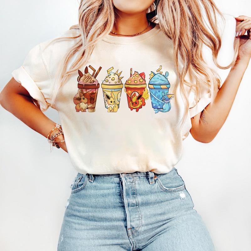 Eevee Eeveelution Tee, Coffee Sweatshirt Hoodie Graphic T-shirt, Slyveon, umbreon, Espeon, Flareon Anime, Anime Sweatshirt, Pokemon Silhouette Sweatsh