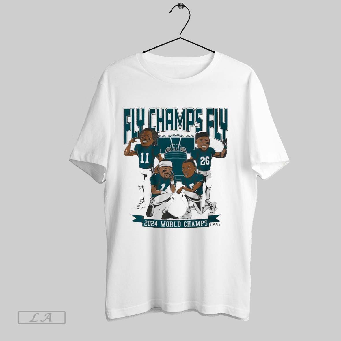 Top Philadelphia Eagles Football Fly Champs Fly 2024 World Champions Jalen Hurts Saquon Barkley Caricatures Painting Unisex Sweatshirt T Shirt
