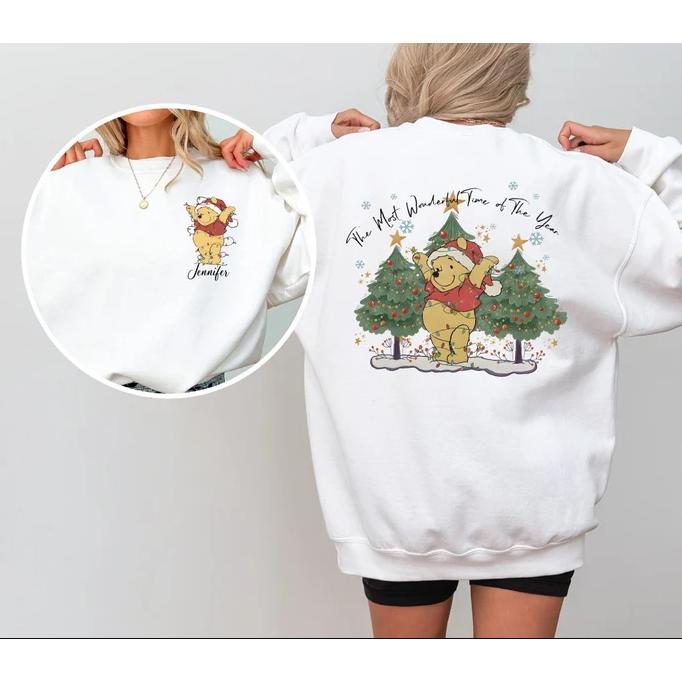 White Christmas Sweatshirt, Winnie The Pooh Design, Festive Cartoon Print, Holiday Themed Apparel, Cozy Winter Wear, Personalized Front Pocket Detail