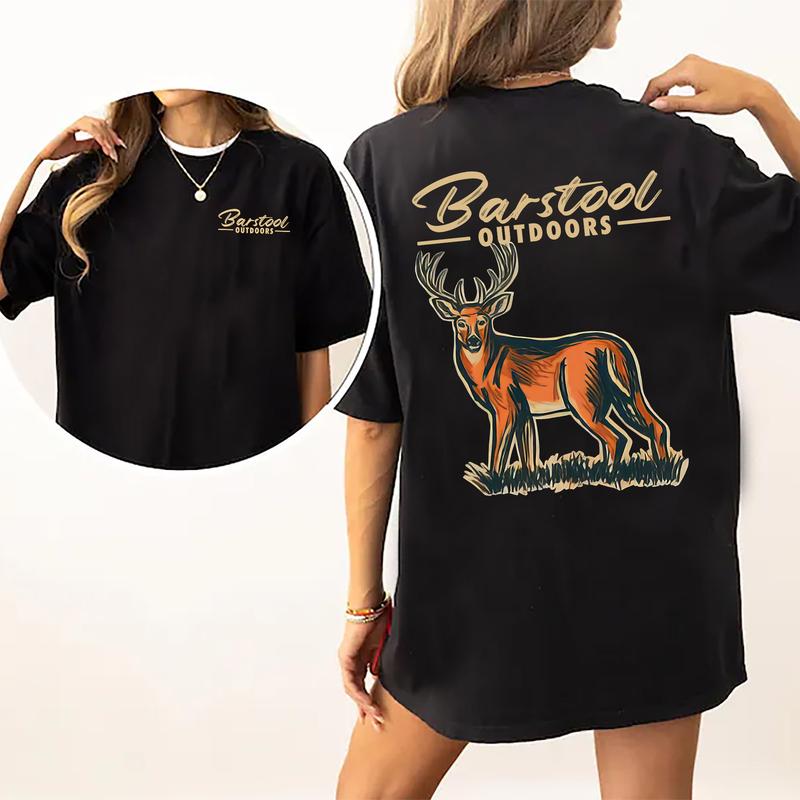 Vintage Busch Light Outdoors Deer Hunting Graphic 2 Sided Shirt, Comfort Clothing, Cotton Fabric Tshirt, Printed Women's Top, Casual Womenswear Collar