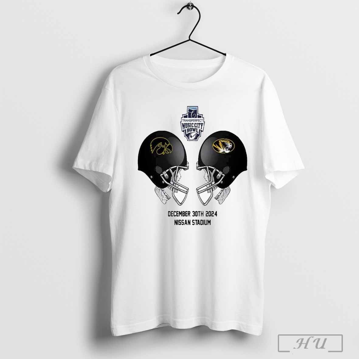 Transperfect Music City Bowl Ncaa 2024 2025 Bowl Games Iowa Hawkeyes Vs Missouri Tigers At Nissan Stadium Skull Helmet Head To Head T Shirt