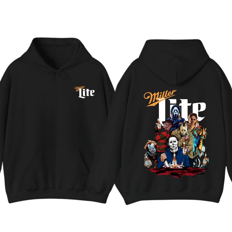 Miller Lite Halloween T-shirt - Iconic Villains Drinking Together Back Print , Perfect for Halloween and Horror Fans , Comfortable Unisex Tee