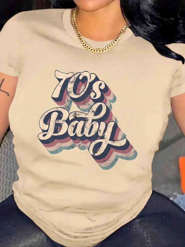 Women's 70's Baby Print Round Neck Graphic Tee, Vintage Graphic Tees, Trendy Casual Short Sleeve T-shirt, T Shirts for Women, Summer Outfits 2024, Lad