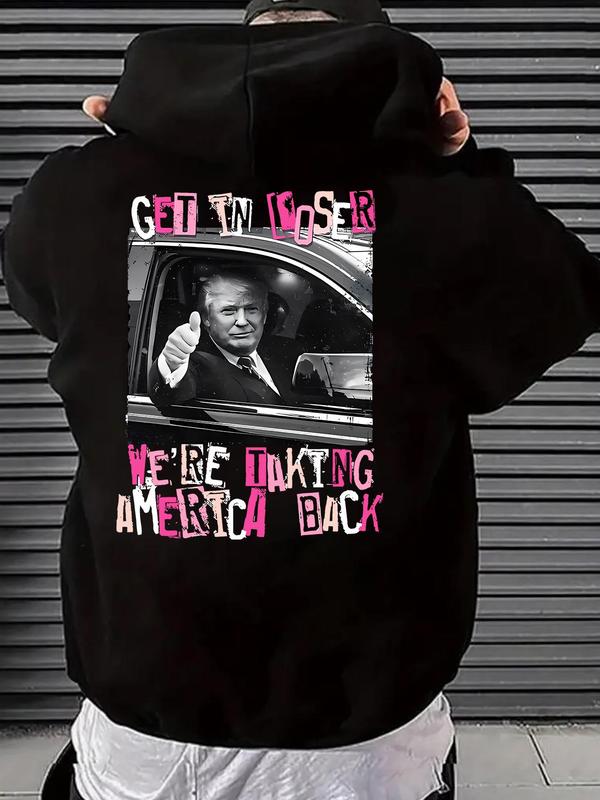 Men's Letter & Flag Print Drop Shoulder Graphic Hoodie, Casual Regular Fit Drawstring Sweatshirt for Holiday Wear, Spring & Fall Fashion