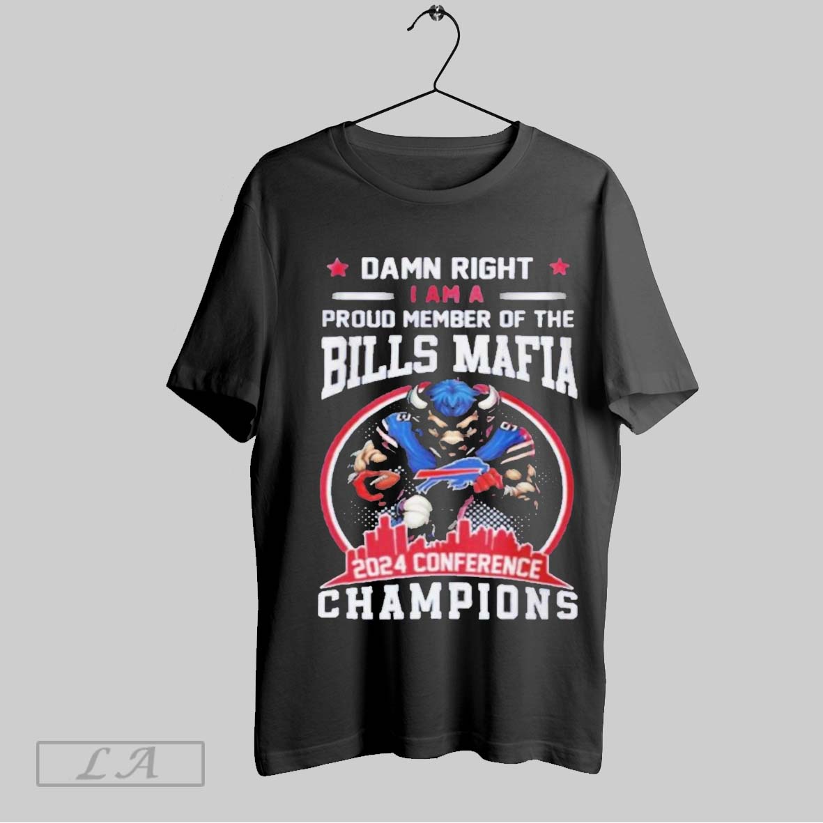 Top Damn Right I Am A Proud Member Of The Bills Mafia Fan 2024 Conference Champions Mascot Skyline Unisex Sweatshirt T Shirt