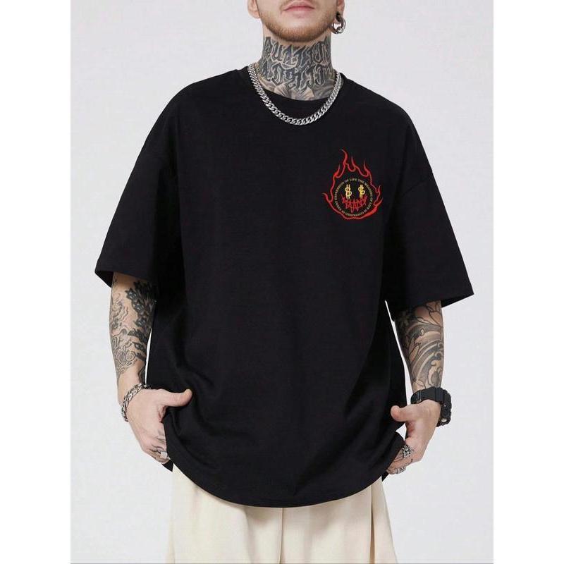2 Sided Casual men's top for daily wear featuring a cartoon graphic print, round neck, and drop shoulder design in loose summer fashion, T-Shirt, Swea