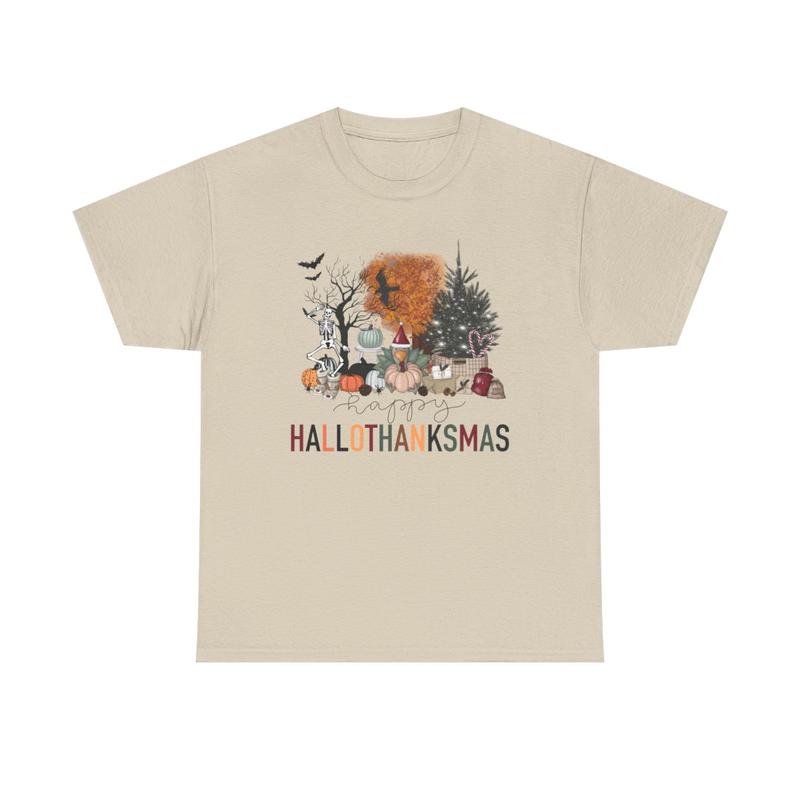 Happy Hallothanksmas Unisex Heavy Cotton Tee - Halloween - Thanksgiving - Christmas - Holiday Shirt - Pumpkin - Ghost - Christmas Tree - Snow - Turkey