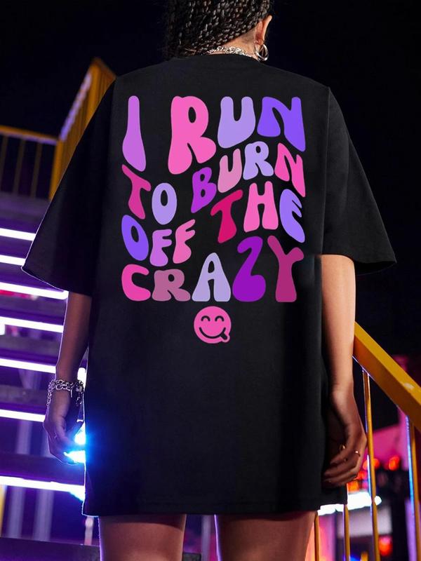 Women's Letter & Cartoon Expression Print Drop Shoulder GraphicÂ Tee,Â Summer Clothes Women, Casual Fashion Round Neck Half Sleeve T-shirt For Summer, W