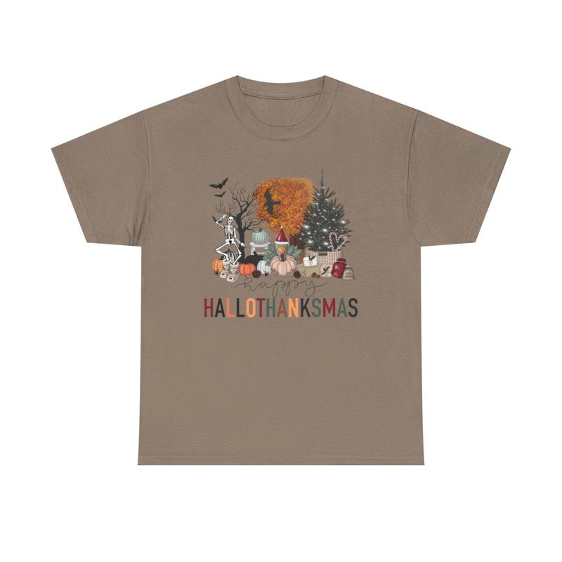 Happy Hallothanksmas Unisex Heavy Cotton Tee - Halloween - Thanksgiving - Christmas - Holiday Shirt - Pumpkin - Ghost - Christmas Tree - Snow - Turkey