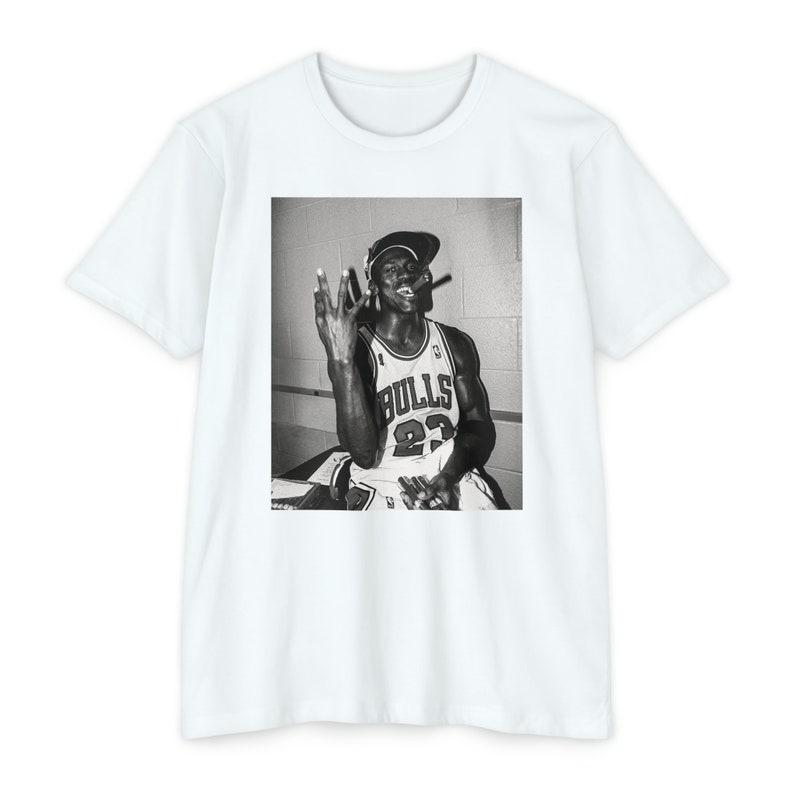 4-TIME CHAMP Michael Jordan Celebrating and Smoking a Cigar After his Fourth NBA Championship T-Shirt, Black & White Graphic T-Shirt