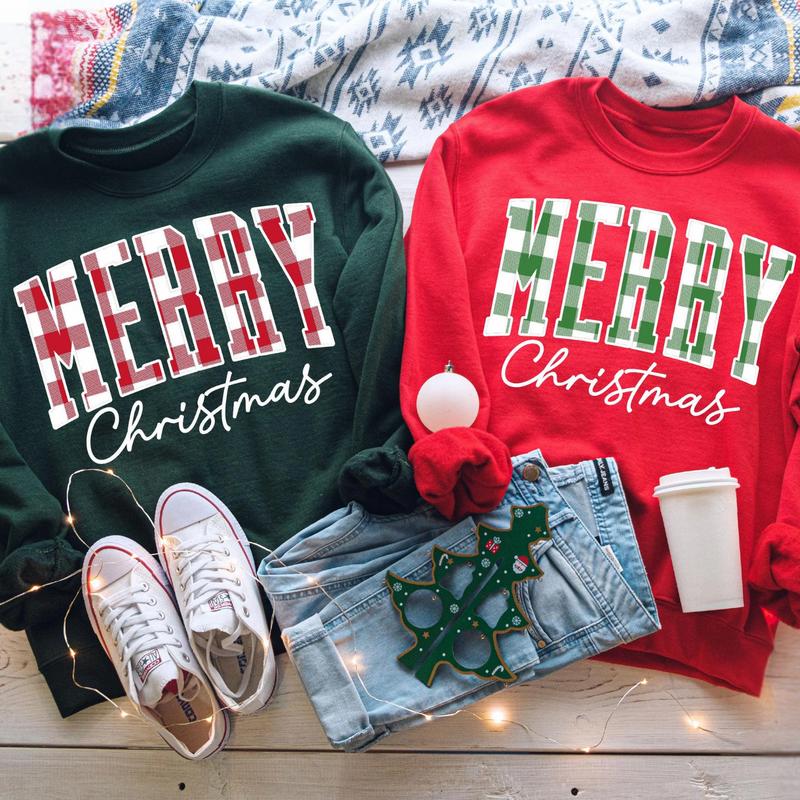 Merry Christmas Buffalo Plaid Sweatshirt - Cute Xmas Family Crewneck, Winter Holiday Gift for Her, Womenâ€™s Christmas Sweater, Gift for Best Friend, Gi