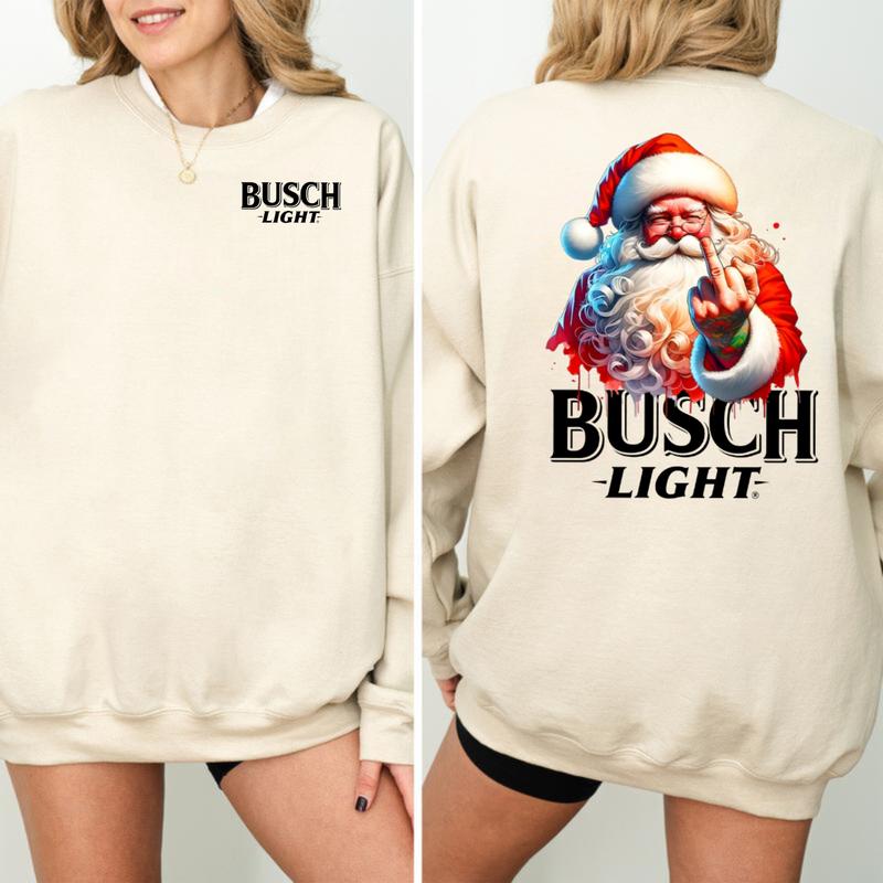 Busch Light, Santa Middle Finger Funny Red Santa Christmas 2 Sided Sweatshirt, Christmas Sweatshirt with beer, Perfect for outings and holidays, Unise