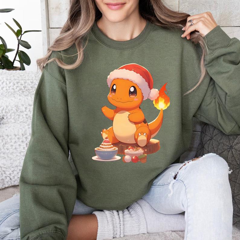 Charmander Christmas Sweatshirt, Charmander Xmas Shirt, Charmander Santa Christmas Sweatshirt, Charmander Sweatshirt, Anime Sweatshirt, Christmas Char
