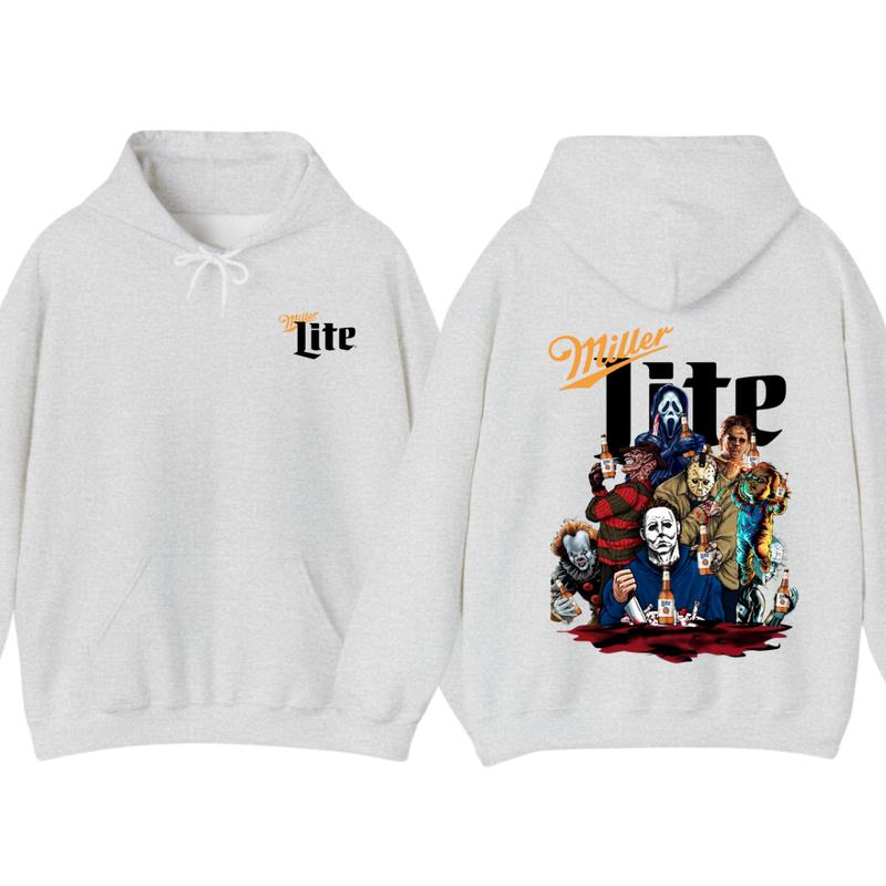 Miller Lite Halloween T-shirt - Iconic Villains Drinking Together Back Print , Perfect for Halloween and Horror Fans , Comfortable Unisex Tee