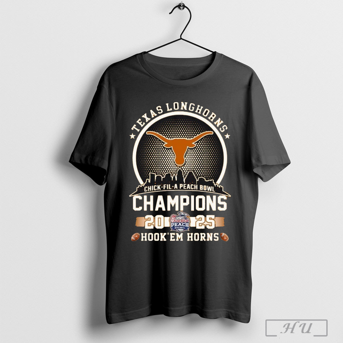 Texas Longhorns Football Chick Fil A Peach Bowl Champions 2025 Hookem Horns Skyline T Shirt