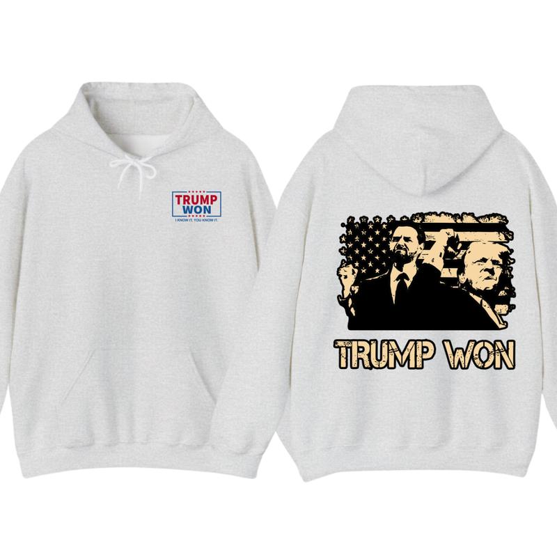 Trummp Won Hoodie - Trendy with Bold Distressed Graphic of Trummp and American Flag, Unisex Political Apparel for Supporters