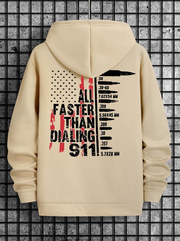 Men's Letter & Flag Print Drop Shoulder Graphic Hoodie, Casual Regular Fit Drawstring Sweatshirt for Holiday Wear, Spring & Fall Fashion