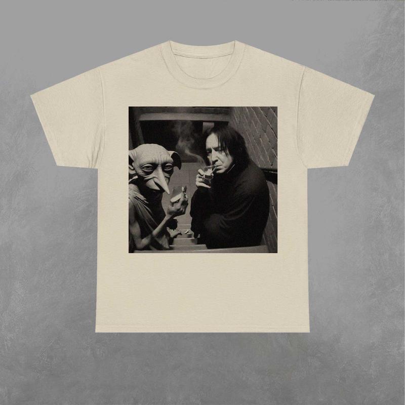 Snape and Dobby Smoking on Stairs Shirt, Dobby Sweatshirt, Wizard House Shirt, Wizarding Fan, Retro Funny Movie Graphic Shirt Classic Fabric