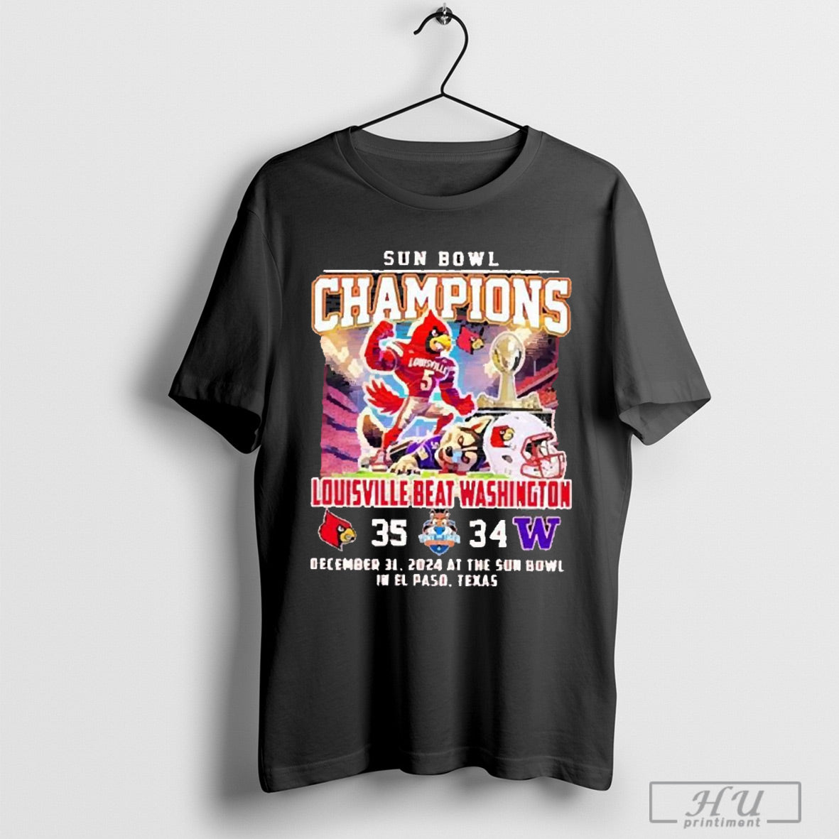 Trendy Louisville Cardinals Beat Washington Huskies Sun Bowl Champions 2024 Mascot T Shirt