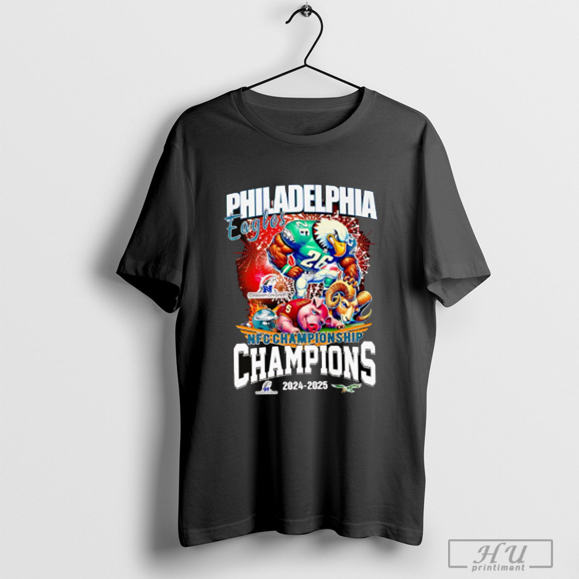 Trendy Fireworks Philadelphia Eagles Nfc Championship Champions 2024 2025 Mascot T Shirt