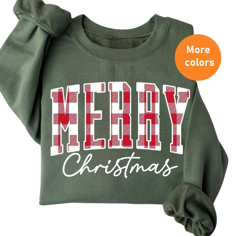 Merry Christmas Buffalo Plaid Sweatshirt - Cute Xmas Family Crewneck, Winter Holiday Gift for Her, Womenâ€™s Christmas Sweater, Gift for Best Friend, Gi